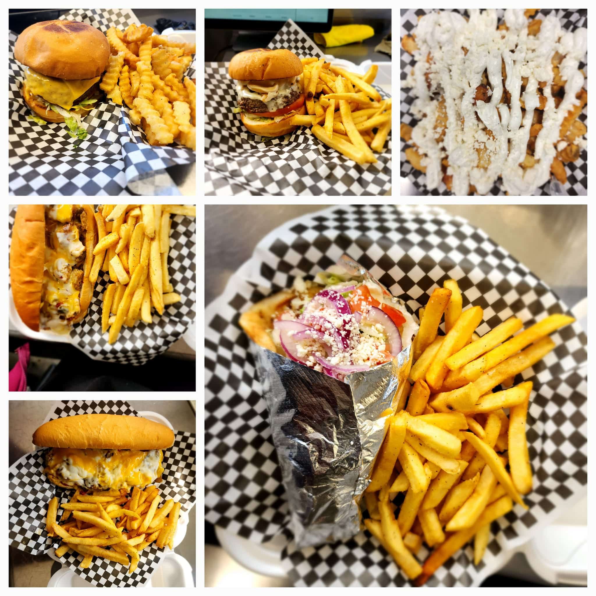 Collage of six images featuring various fast food meals, including burgers with fries, a hot dog, and a gyro, all served in baskets.
