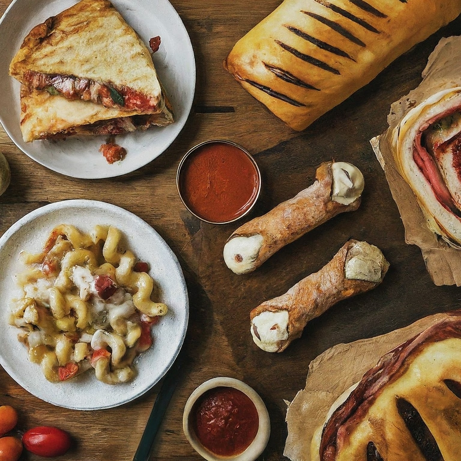 An assortment of meals: sandwiches, a pasta dish, and sauce on a wooden table, surrounded by ingredients like tomatoes.