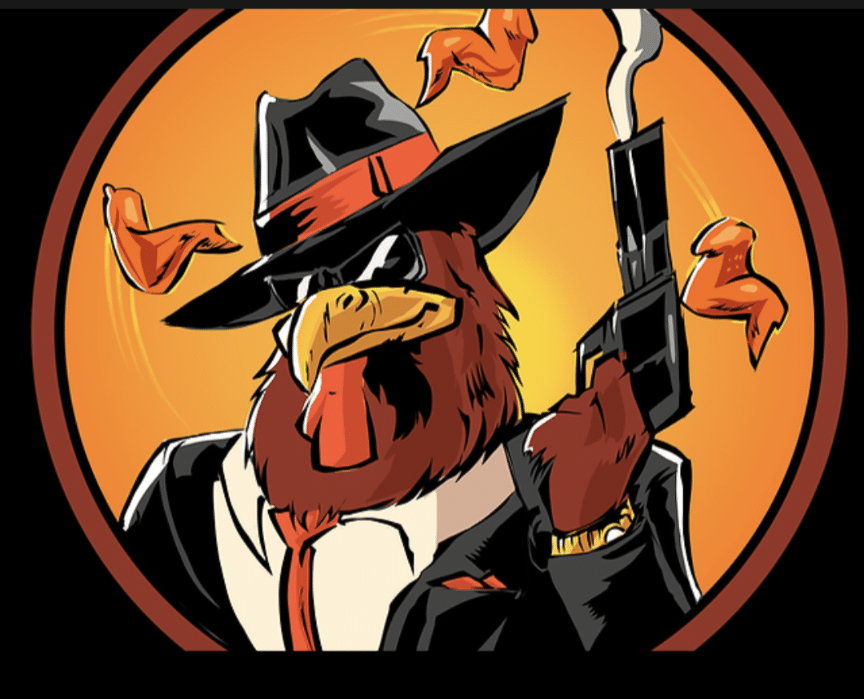 Illustration of an anthropomorphic eagle dressed as a detective, wearing a fedora and holding a gun, with flames around it on an orange background.
