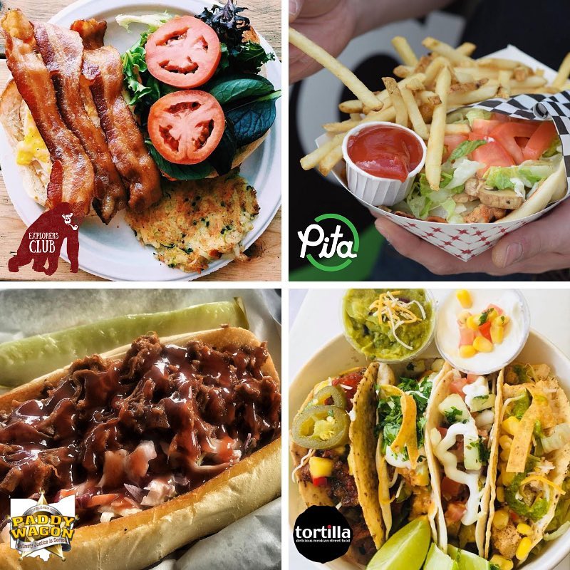 A collage of four dishes: a sandwich with bacon and tomato, fries with a wrap and sauce, a barbecue beef sandwich, and tacos with various toppings. Logos for Explorers Club, Pita, Paddy Wagon, and Tortilla are visible.