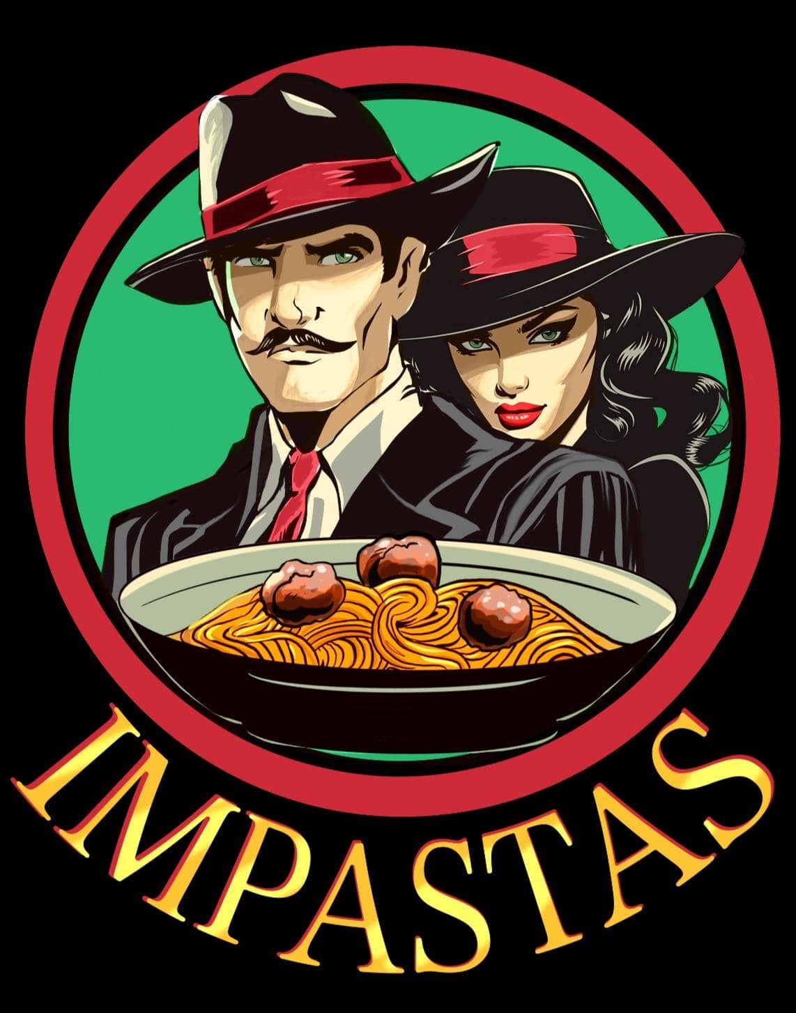 Illustration of a man and woman in 1920s attire with a plate of spaghetti and meatballs. Text below reads "IMPASTAS." The image uses a circular frame with a red rim and a green background.