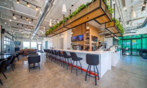 Modern bar with high chairs, hanging plants, and exposed ducts. Large windows and bright lighting create an open, airy atmosphere. Tables line the sides of the spacious interior.