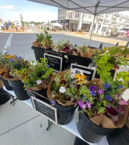 Buckets of assorted fresh flower bouquets for sale at an outdoor market stand, displayed on white tables under a canopy on a sunny day.