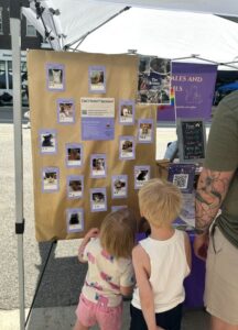 Two young children look at a display board featuring photos and information about cats available for foster or sponsorship at an outdoor animal rescue booth.