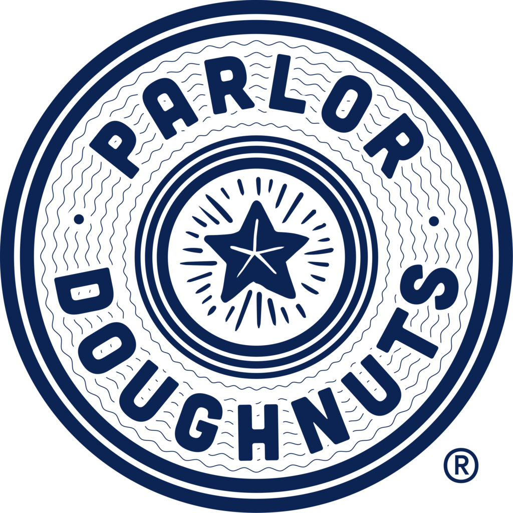 Circular blue and white logo with the words "Parlor Doughnuts," a central star design, and a nod to OH—Discover Evans Farm Location, ideal living in Lewis Center.