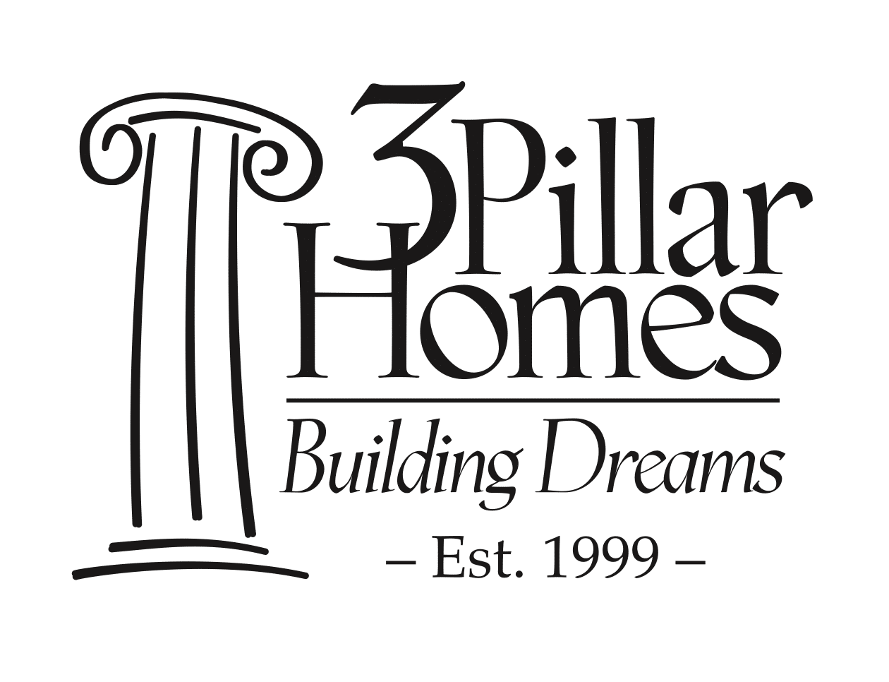 Logo for "3 Pillar Homes" featuring a stylized column and the text "Building Dreams - Est. 1999.