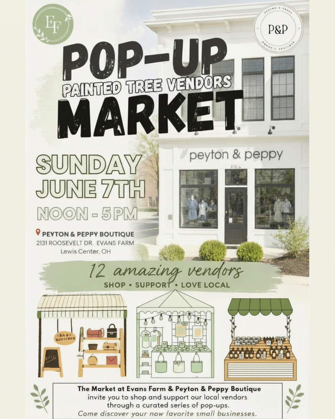 Pop-up market event flyer for Painted Tree Vendors at Peyton & Peppy Boutique, Sunday, June 7th, noon to 5pm, featuring 12 vendors.