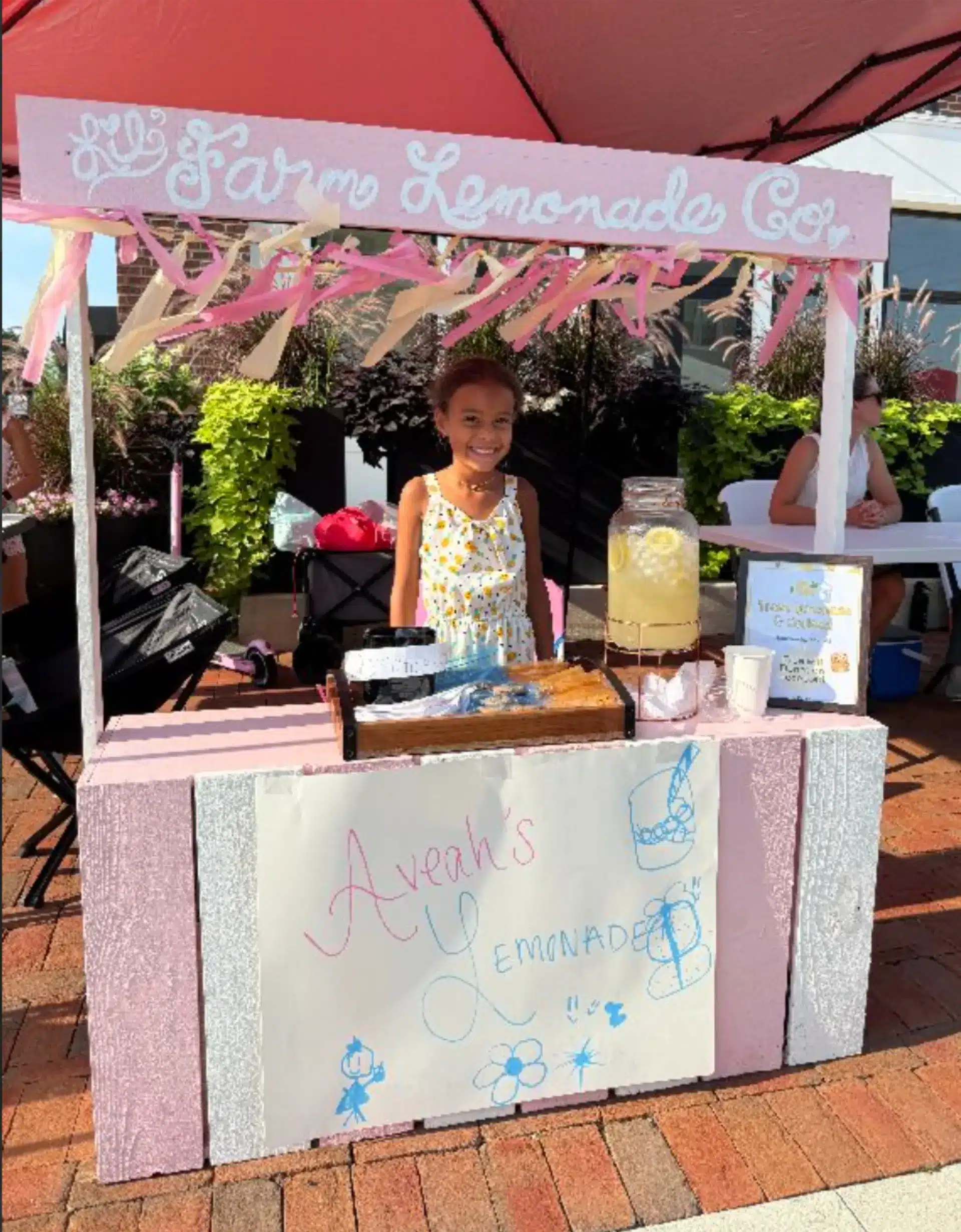 A young girl stands behind a pink lemonade stand labeled "Avaeh’s Lemonade" with a jug of lemonade, cups, and a cash box on the counter.
