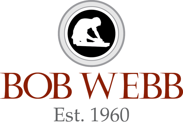 Logo for Bob Webb featuring a circular emblem with a silhouette of a person working, above the text "BOB WEBB Est. 1960" in red and black lettering.