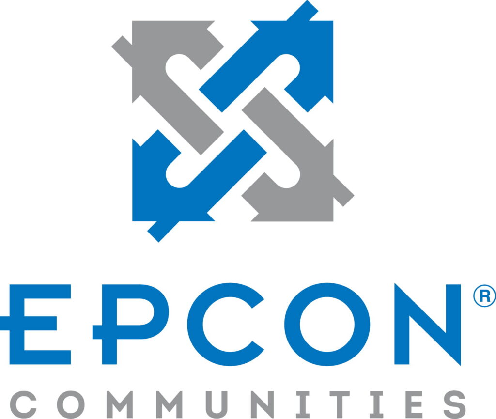 Epcon Communities logo featuring interlocking blue and gray arrow shapes above the company name in blue and gray text.