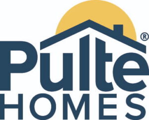 Pulte Homes logo with stylized roof and chimney above the word "Pulte" and a yellow half-circle representing the sun in the background.
