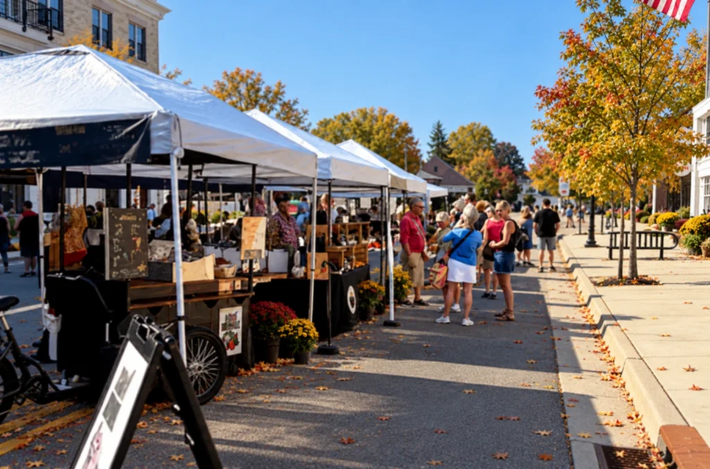 People browse vendor booths at an outdoor market on a sunny day. White tents line the street, and autumn trees with colorful leaves are visible in the background.