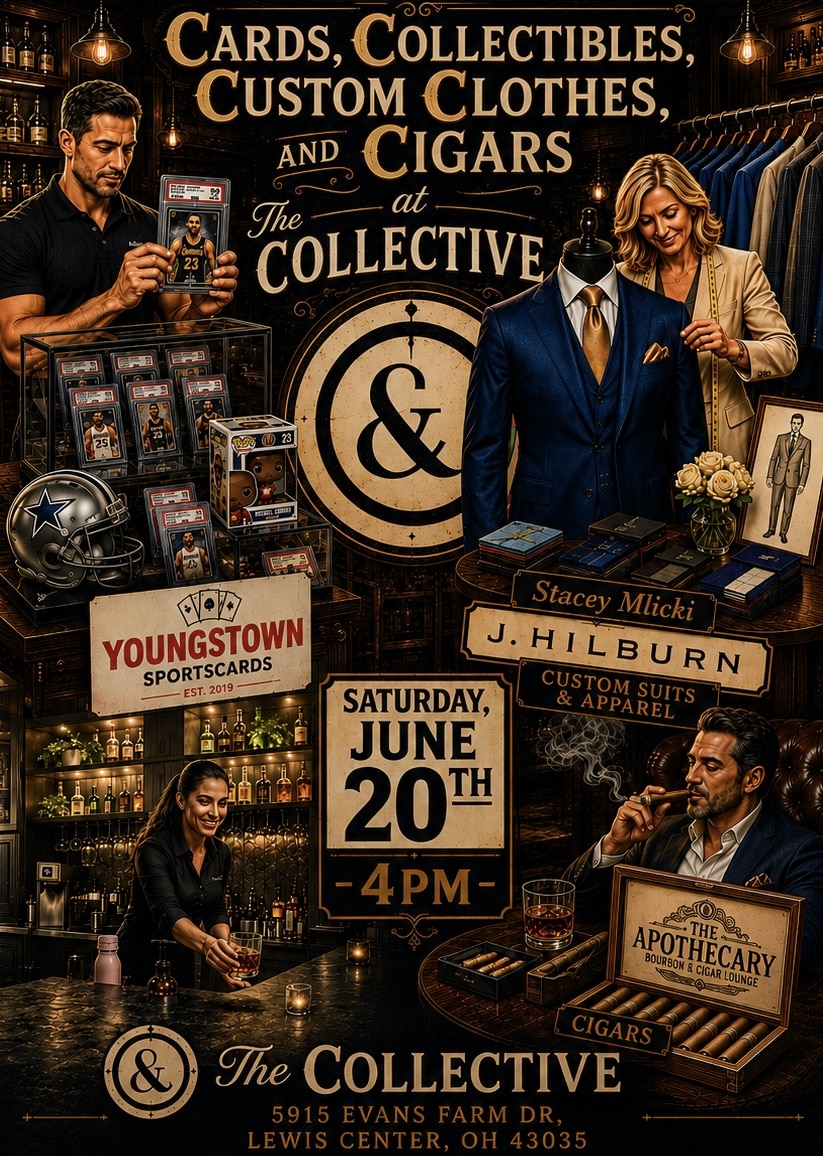 Promotional poster for an event featuring cards, collectibles, custom clothes, and cigars at The Collective in Lewis Center, Ohio, scheduled for Saturday, June 20th at 4 PM.