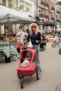 A woman wearing sunglasses pushes a red pet stroller with a small white dog inside at an outdoor market.