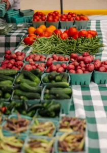 A farmers market table displays baskets of tomatoes, green beans, red potatoes, cucumbers, and other fresh vegetables on a green and white checkered tablecloth.