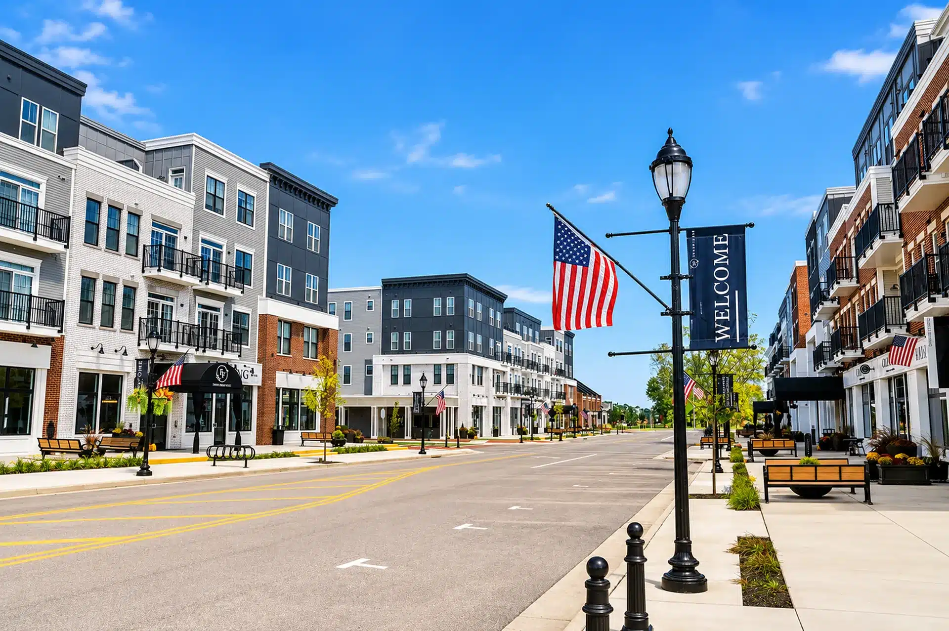 Modern mixed-use buildings line a clean, empty street with American flags and a "Welcome" banner, under a clear blue sky.