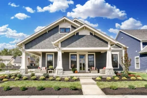 Single-story modern craftsman-style house with gray siding, a large front porch, white trim, and manicured landscaping under a blue sky with scattered clouds.