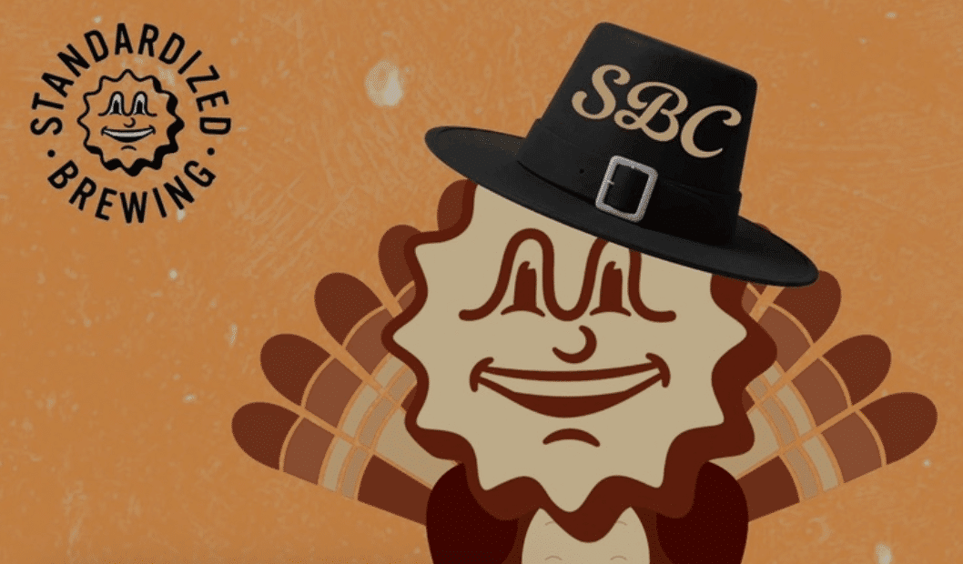 Cartoon turkey with a pilgrim hat labeled “SBC” smiles next to the “Standardized Brewing” logo on an orange background.