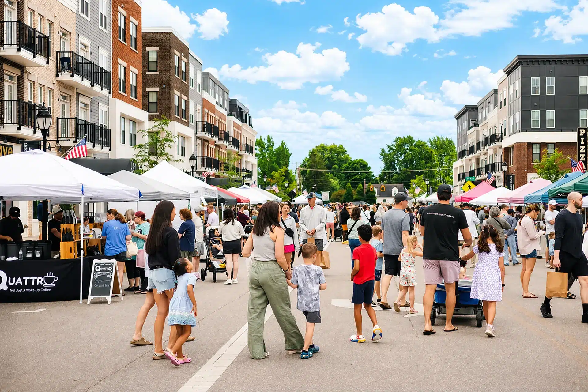 Crowd of people walk among vendor tents at an outdoor street market, surrounded by apartment buildings on a sunny day.
