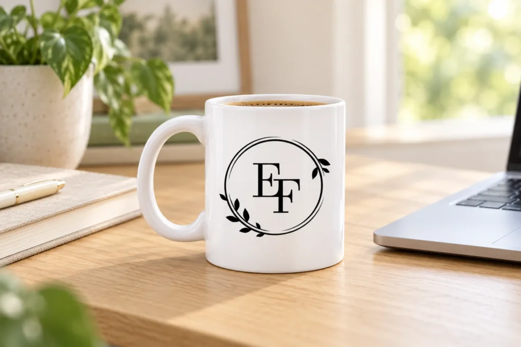 White coffee mug with a black “EF” monogram and leafy design sits on a wooden desk next to a plant, a closed notebook, and a laptop—an inviting touch of calm for your OH or home workspace.