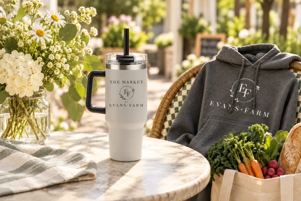 A white tumbler, a gray Evans Farm OH hoodie, a basket of vegetables, and a bouquet of flowers sit on a round marble table outdoors.